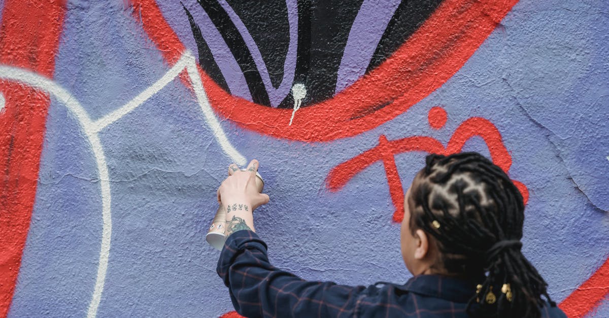 A Mankey stole my looplet. Can I get it back? - Back view of unrecognizable female artist with black braided hair spraying white paint on colorful wall while standing on street