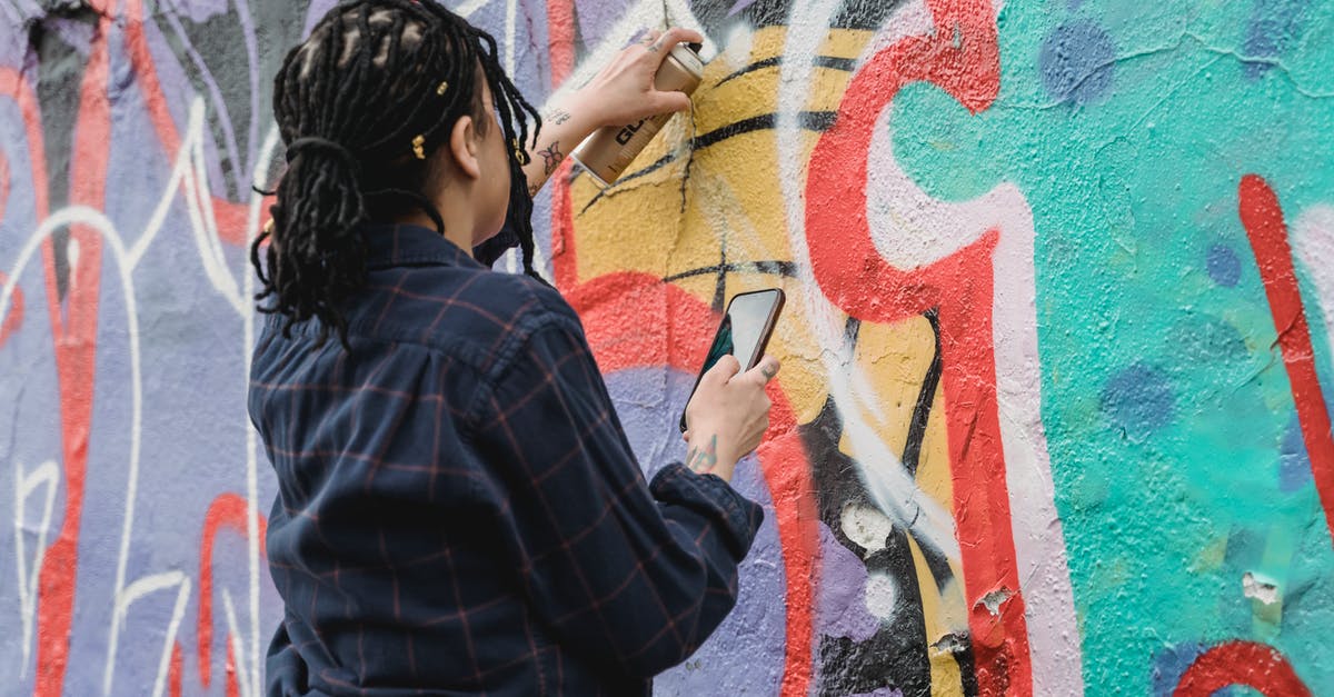 A Mankey stole my looplet. Can I get it back? - Back view of unrecognizable female artist with black braided hair painting graffiti on wall with spray paint can on street