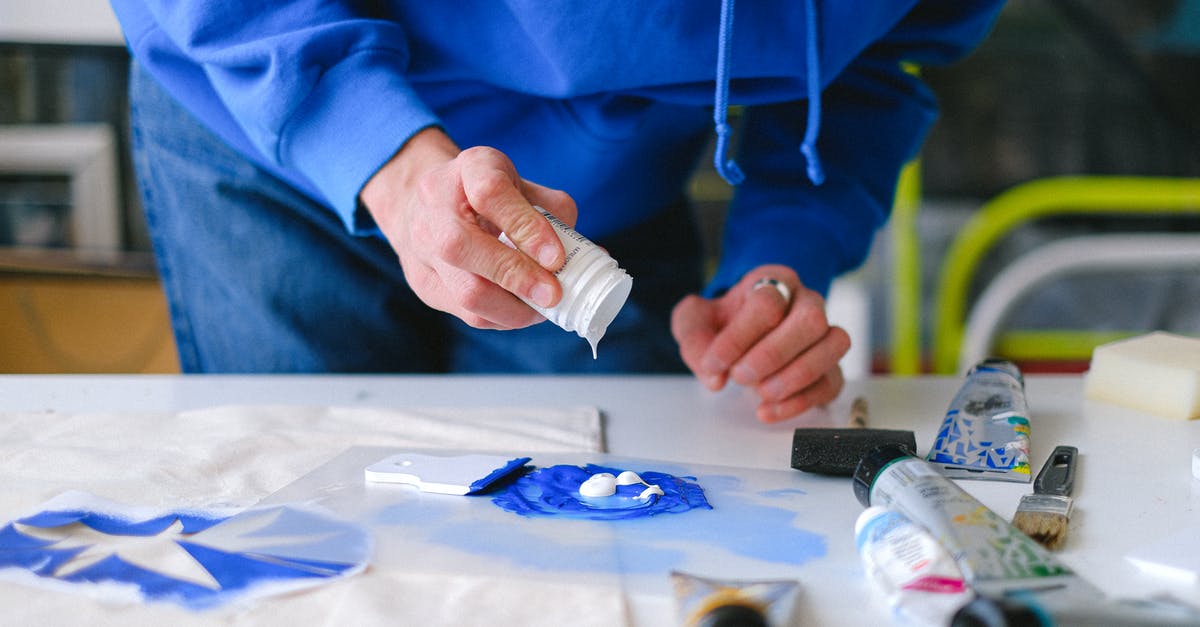 Add custom name on items created through commands - Unrecognizable male master with small jar adding white paint into blue pigment while working at table with stencil printing in studio on blurred background