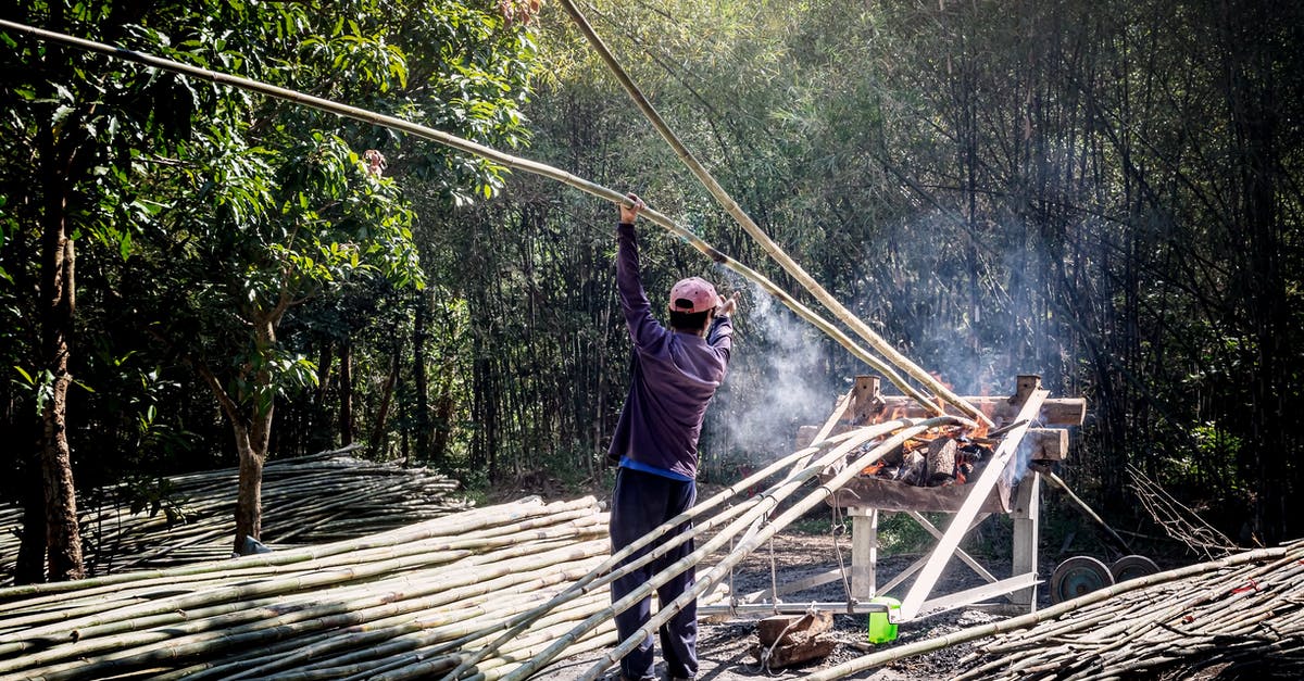 Arcade fight stick is too long [closed] - Back view of anonymous male worker in casual wear standing near pile of bamboo sticks while drying thin long trunks in wooden construction with fire smoke near green trees