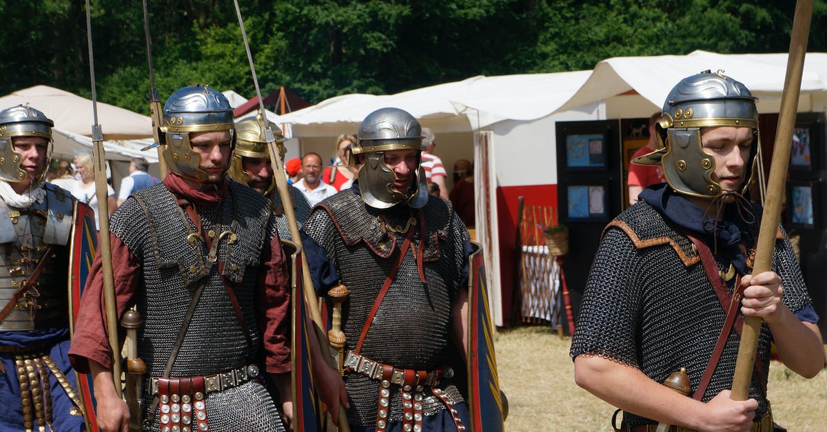 Attack Range for adc champions? - Military historical reconstruction male group in metal helmets and weapons in sunny warm day