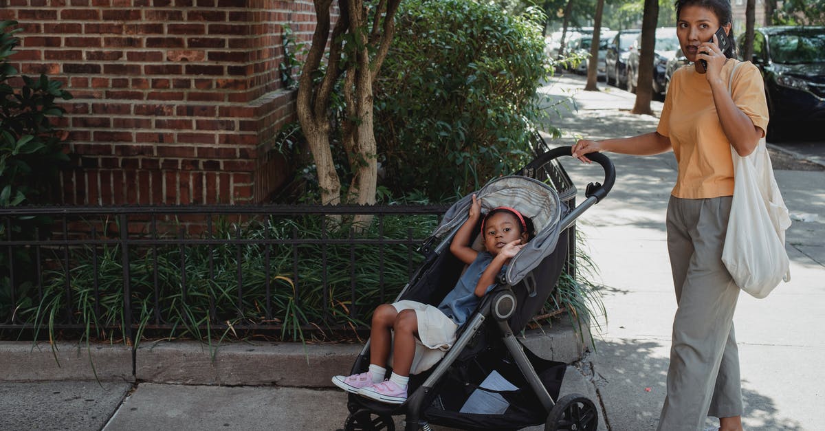 Best way to dynamically call function - Full body of serious ethnic woman with bag speaking on smartphone while standing on pavement near girl in baby stroller