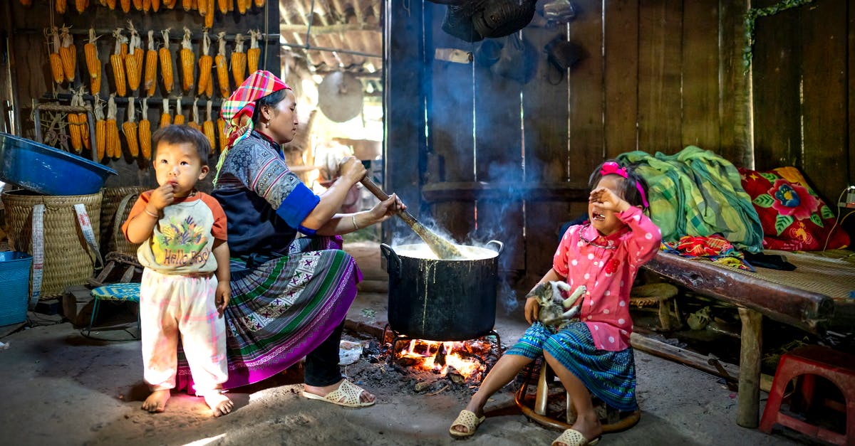 Can't sell Steam Cards, Can Sell Booster Packs? - Side view of Asian woman in colorful outfit sitting with children and preparing food on bonfire in wooden rural barn in daytime