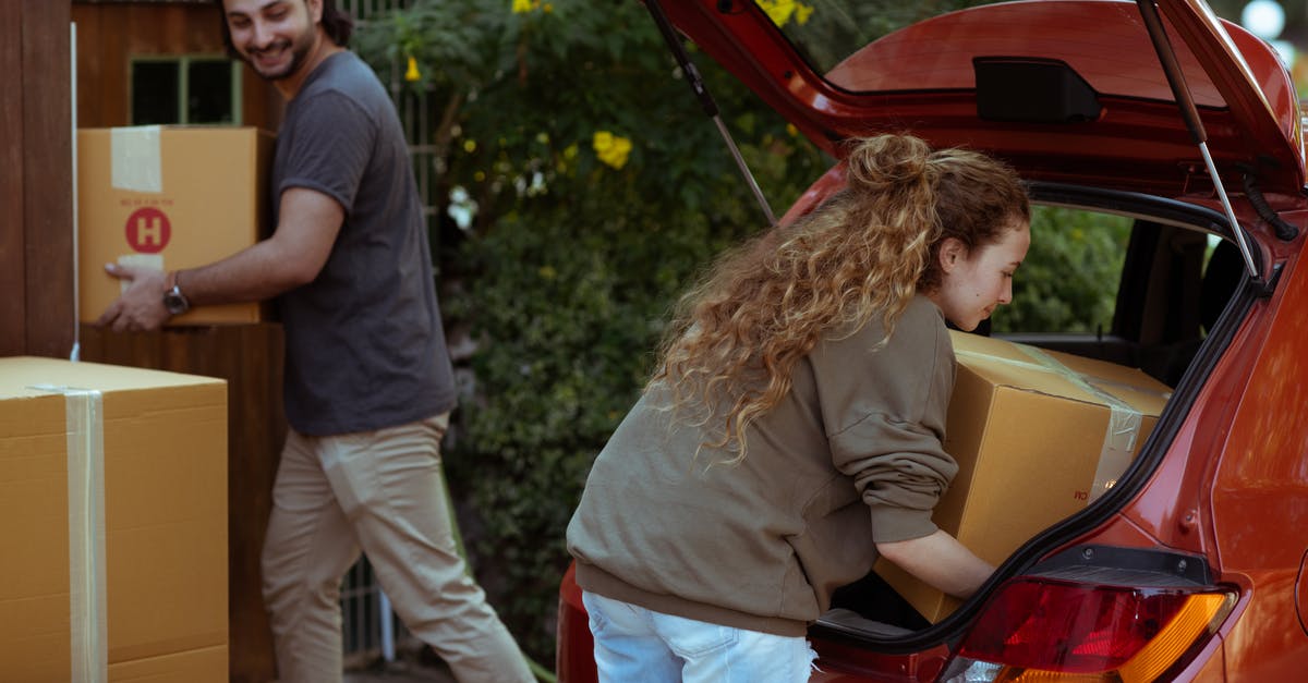 Can I get a new cracker? - Young woman with curly hair getting carton box out from trunk of automobile while cheerful ethnic man carrying box into new home in suburb or countryside area