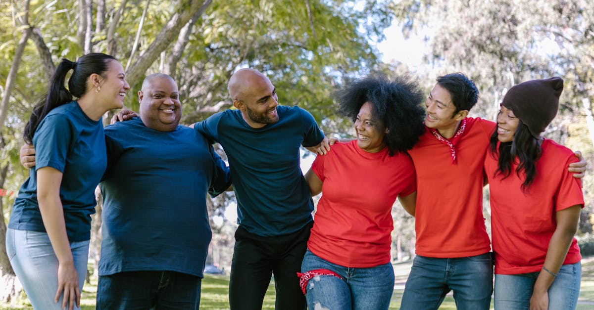 Can I upgrade my games edition with my friends account? - Group of People Wearing Blue and Red Shirts