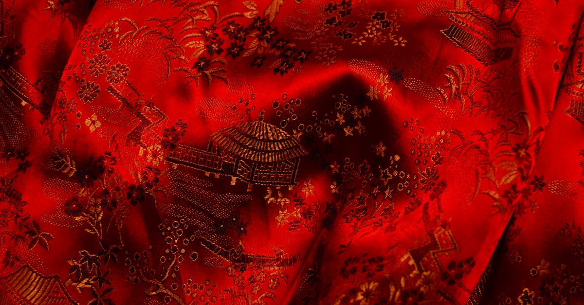 Clothing piece stuck behind creature part. (Spore) - Background of bright fabric with authentic oriental ornaments of floral patterns and traditional huts on creased surface of red textile