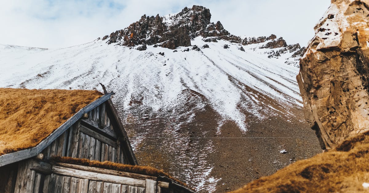 Destroying certain blocks within the range of an entity - Low angle of aged wooden house at bottom of rocky mountain ridge with snow on slope