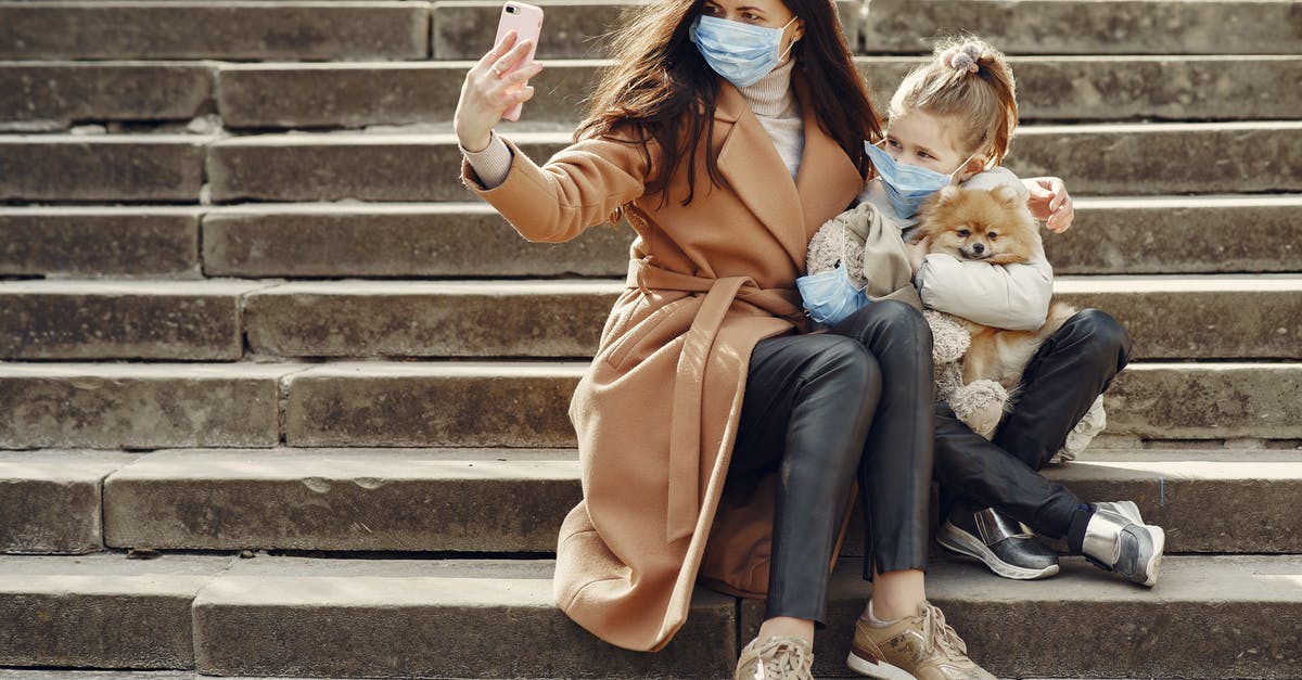 Do harvest sprites take care of the dog and horse? - Full body of female and adorable little girl in casual clothes and medical masks sitting on steps with toy in mask and cute dog taking photo on smartphone