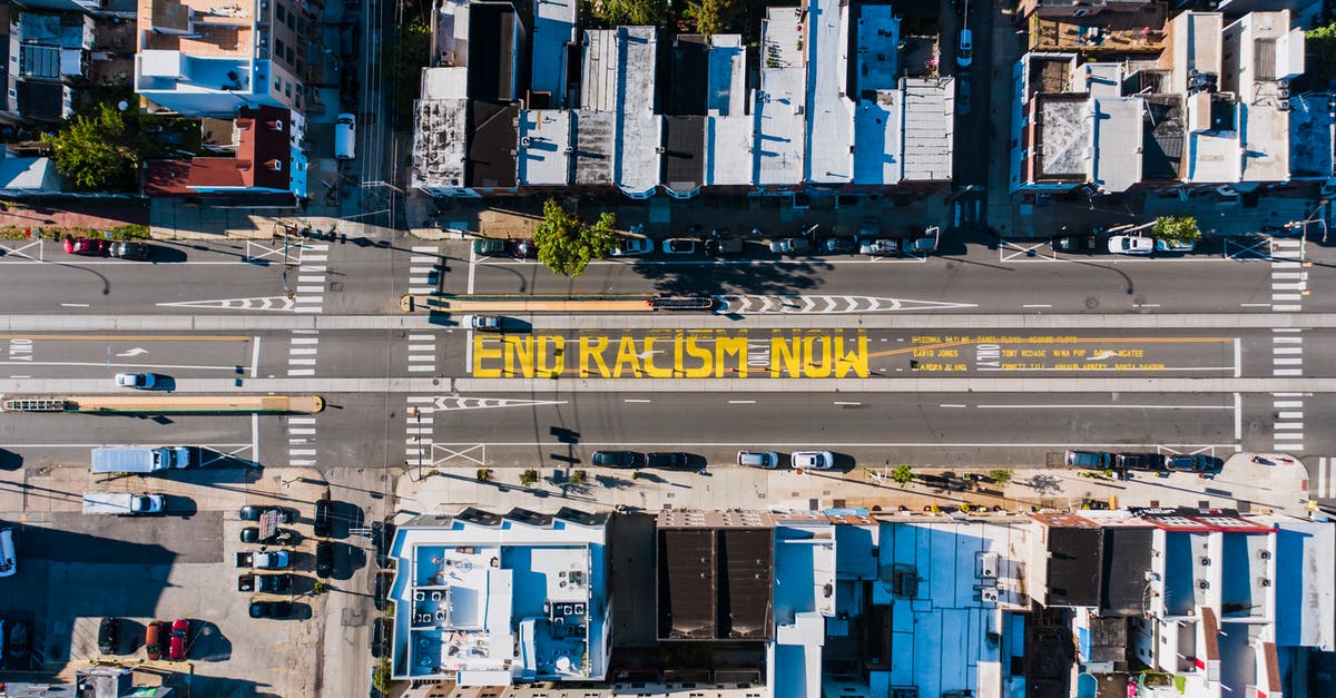 Dolphin emulator: Nunchuck stuck in forward right direction - Overhead view of asphalt roadway with vehicles between building roofs and colorful title about racism