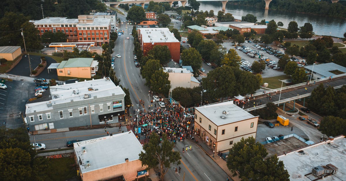 Dolphin emulator: Nunchuck stuck in forward right direction - Aerial view of unrecognizable group of people on road during manifestation between buildings in city