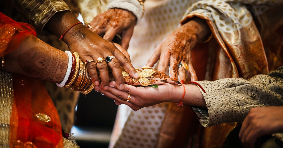 Enforcing Culture on Personal Union - Crop ethnic people in traditional outfits putting hands together during wedding ceremony