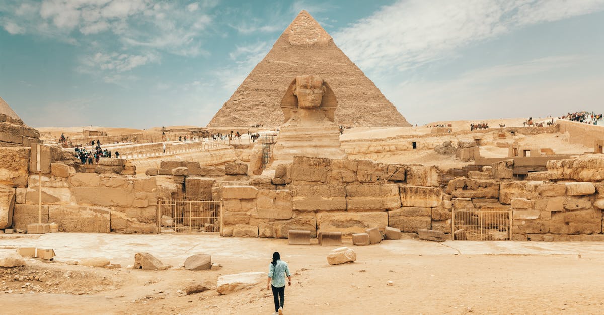 Final Destination History/Lore - Back view of unrecognizable man walking towards ancient monument Great Sphinx of Giza