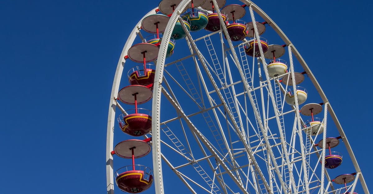 Free Spin Wheel refreshes in 28 days? - Low angle big Ferris wheel in amusement park spinning against cloudless blue sky