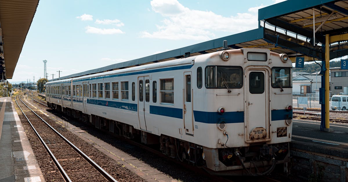 Gamilat stands under the platform? - Blue and White Train on Rail Tracks Under Blue and White Cloudy Sky