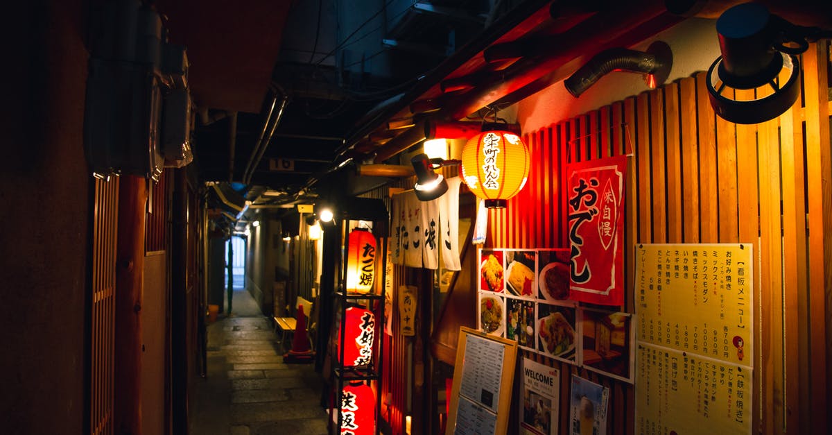 Getting quests despite not being able to travel to the locations? - Narrow street with traditional Japanese izakaya bars decorated with hieroglyphs and traditional red lanterns in evening