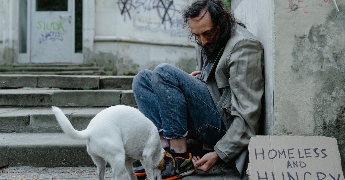 How can I help the homeless children? - Man in Blue Denim Jeans Sitting Beside White Short Coat Dog