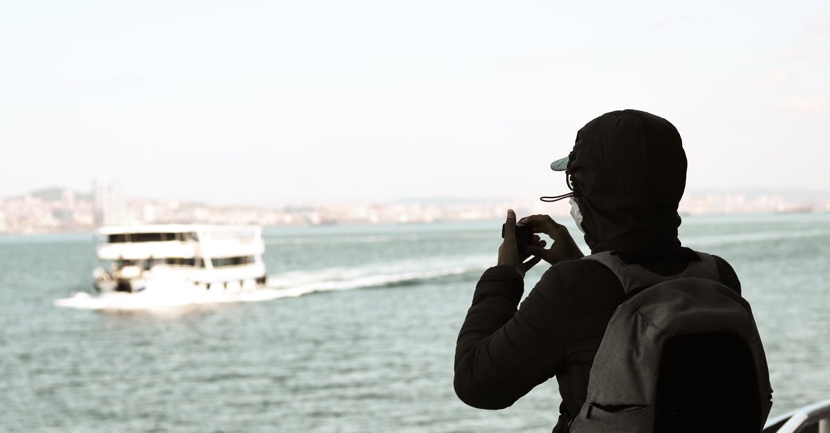 How do I capture a ship? - Back view of unrecognizable man with backpack in jacket admiring ship in wavy sea using small camera