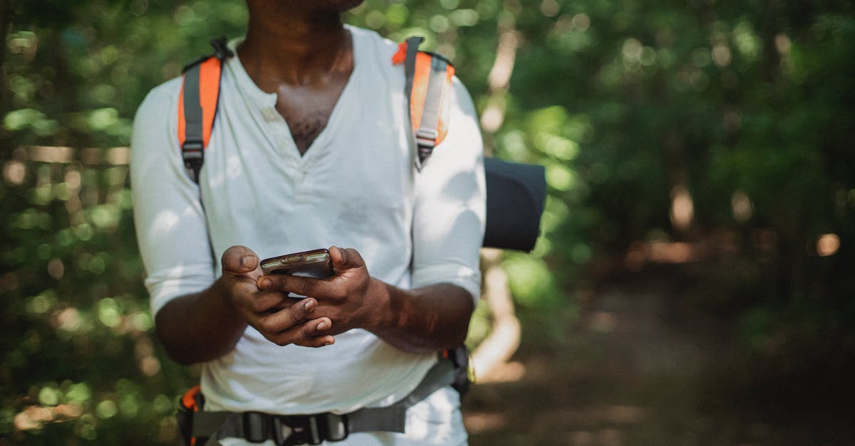 How do I navigate the lost woods? - Crop unrecognizable African American man with backpack and smartphone searching route while going astray in green forest