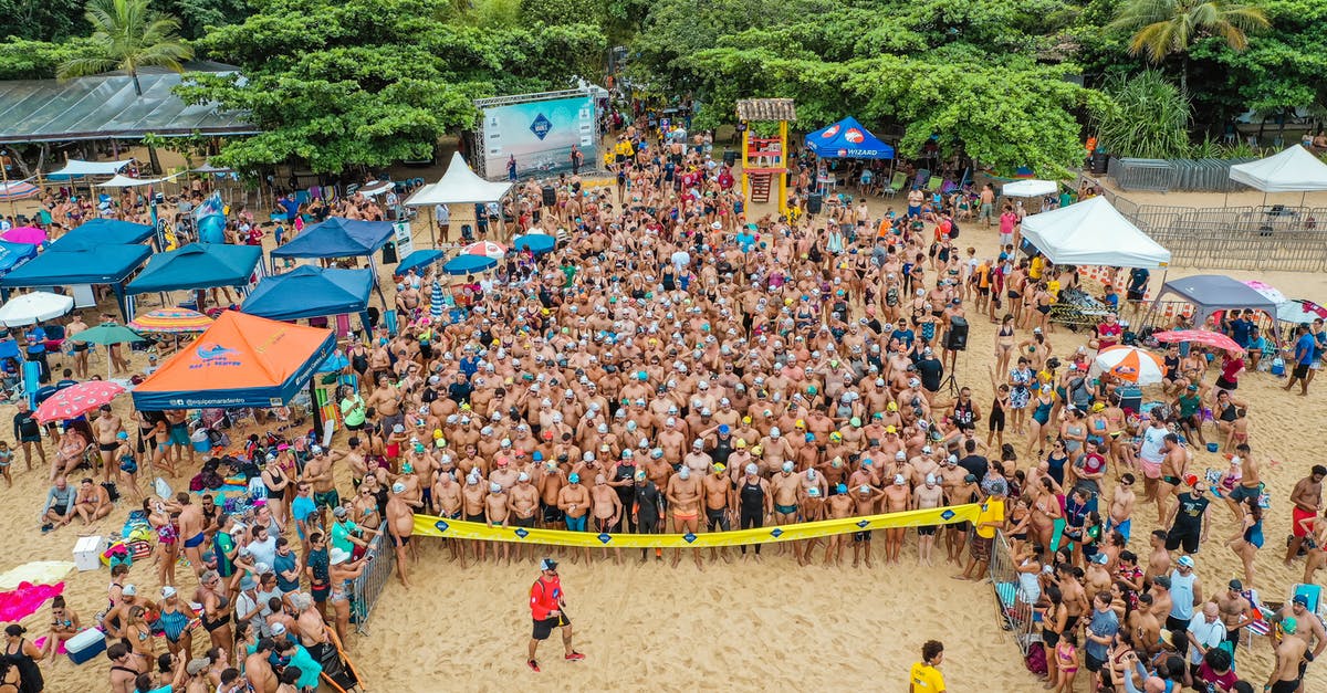 How do you do the jump start in Beach Buggy Racing? - Drone view of sportive people in swimsuits standing behind line tape on seashore preparing for swim challenge in sea