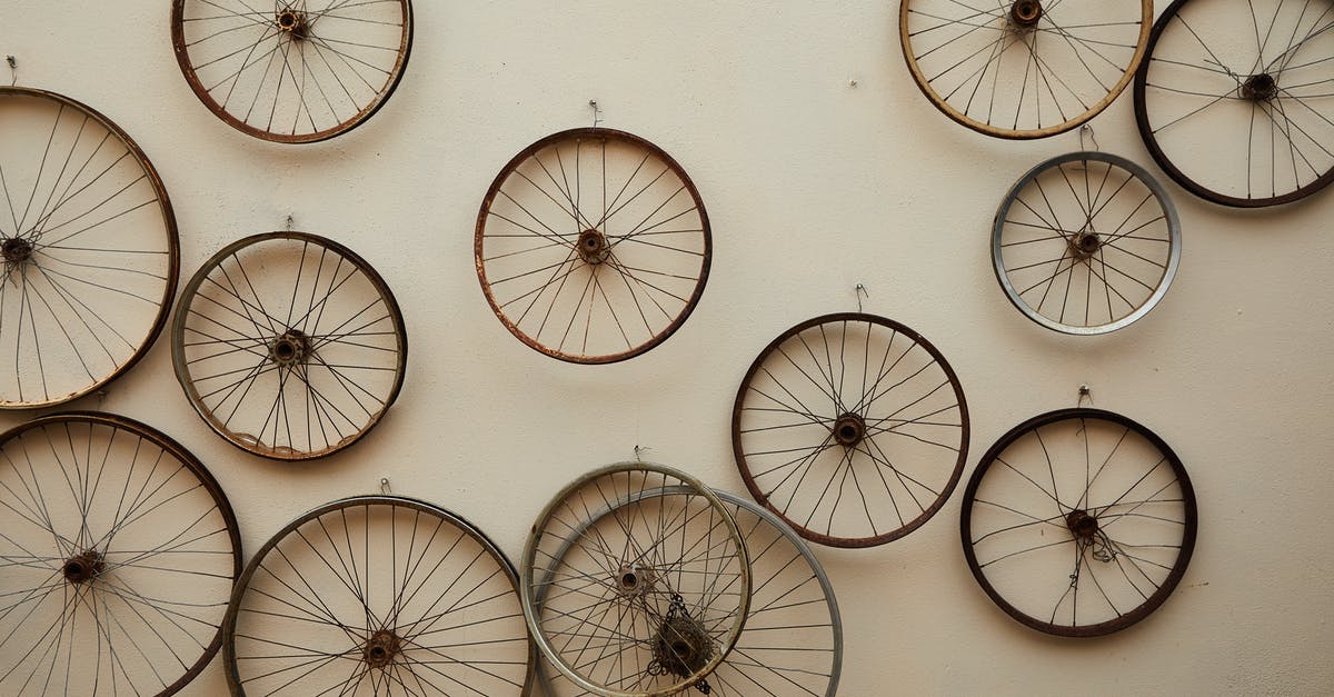 How many uses do Crab Pots have? - Different shapes and sizes spoke wheels hanging on light wall