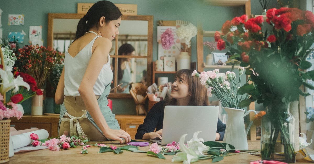 How to check laws of other kingdoms? - Content multiethnic female colleagues sitting at table with bouquets of flowers and working on computer in florist shop while looking at each other