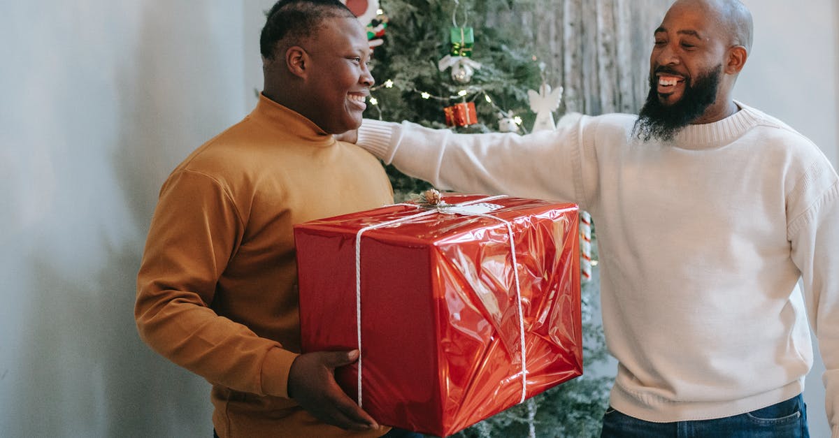 How to give relative rotation to armor stand? - Cheerful African American son receiving present box from happy beaded black father while celebrating Christmas holiday and looking at each other