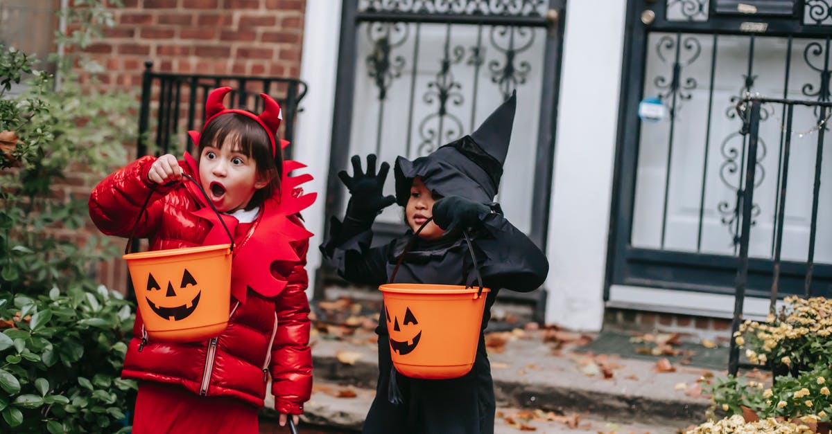 How to make Repeater fall particles? - Funny children in witch and devil costumes carrying buckets for candies and showing creepy grimaces against house in neighbourhood