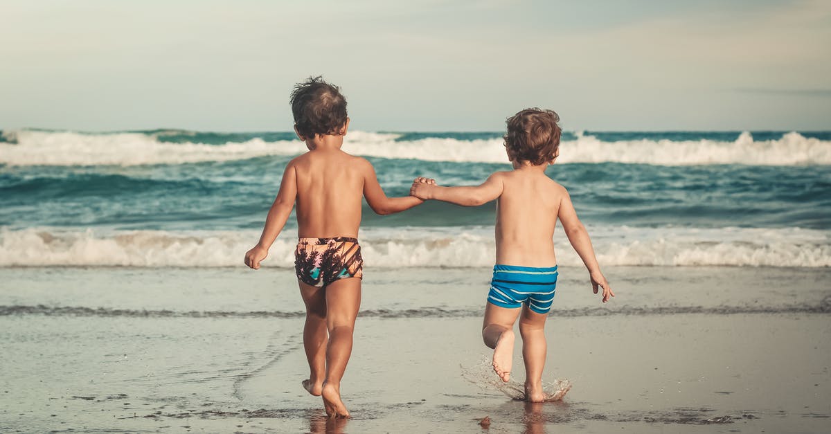 How to quickly enrage a wave many times - Back view of anonymous shirtless little brothers holding hands and walking on wet sandy beach towards waving ocean during summer holidays