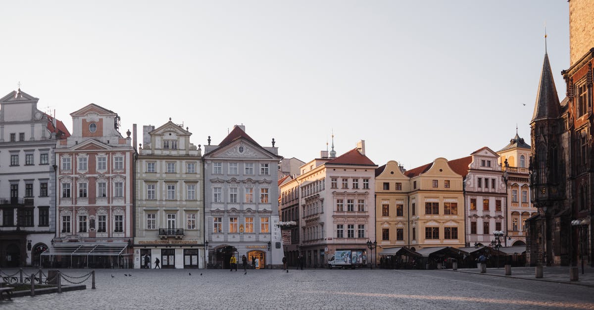 how to test relative square area - Old fashioned historic bright residential houses lined up next to each other on paved spacious street in city against cloudless sky