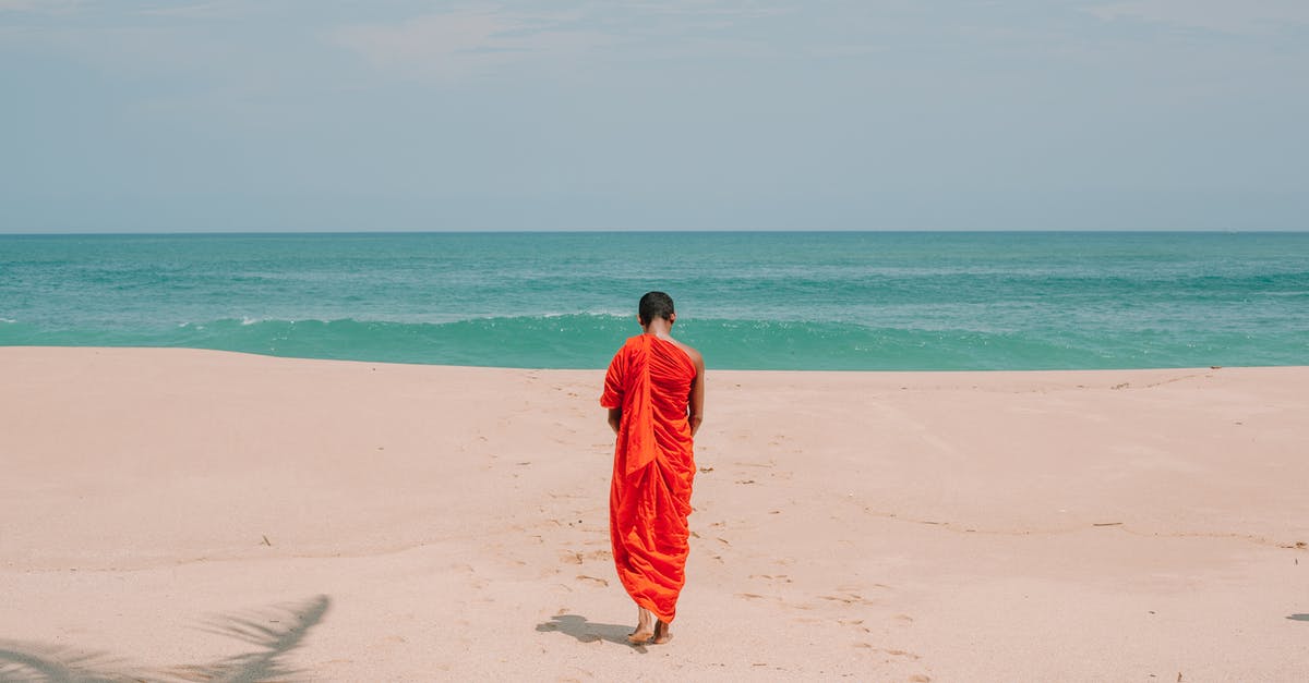 How to un-enrage a wave in GemCraft: Chasing Shadows? - Back view of full body young barefoot Asian male Buddhist monk in authentic orange cloth walking on sandy coast to waving sea under blue sky