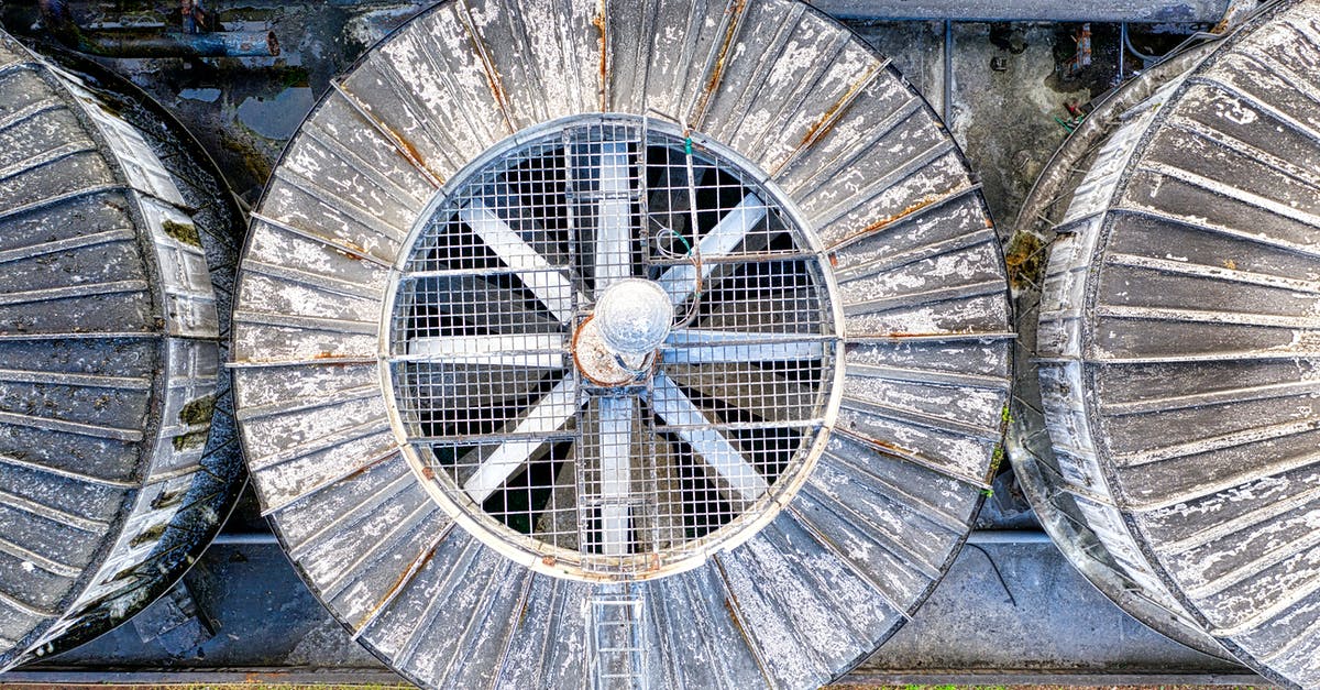 Is it possible to rotate an object? - Drone top view of big shabby old metal ventilation fans on factory among pipes