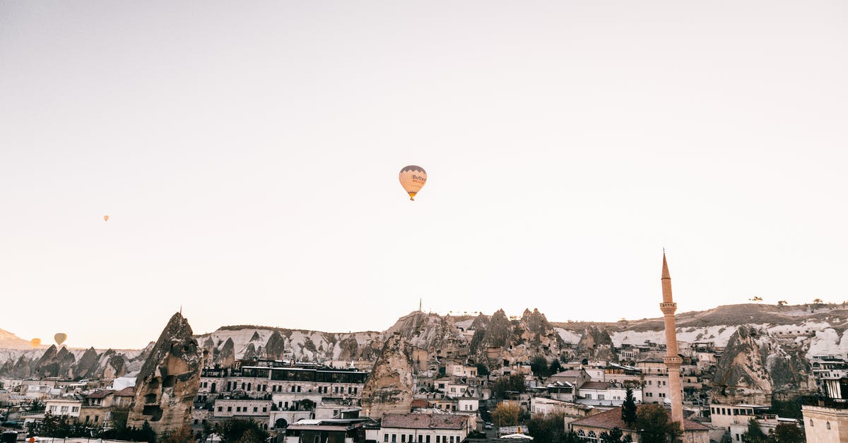 Is switching region considered smurfing? - Picturesque scenery of old town with mosque placed among rocky formations in Cappadocia under flying hot air balloon in cloudless sky in daytime