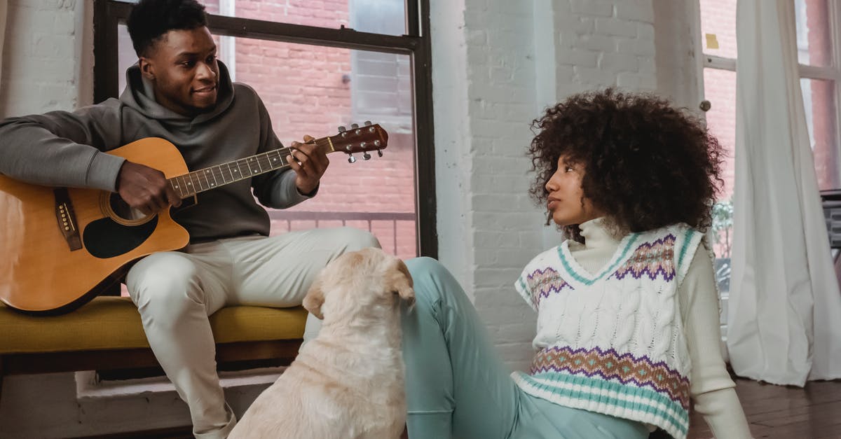 Love Live without the music - Cheerful black man playing guitar for girlfriend and dog at home