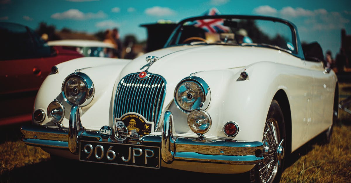 Motor skill: Let speed come naturally? - Luxury white shiny vintage cabriolet car parked on grassy ground against blue sky in countryside