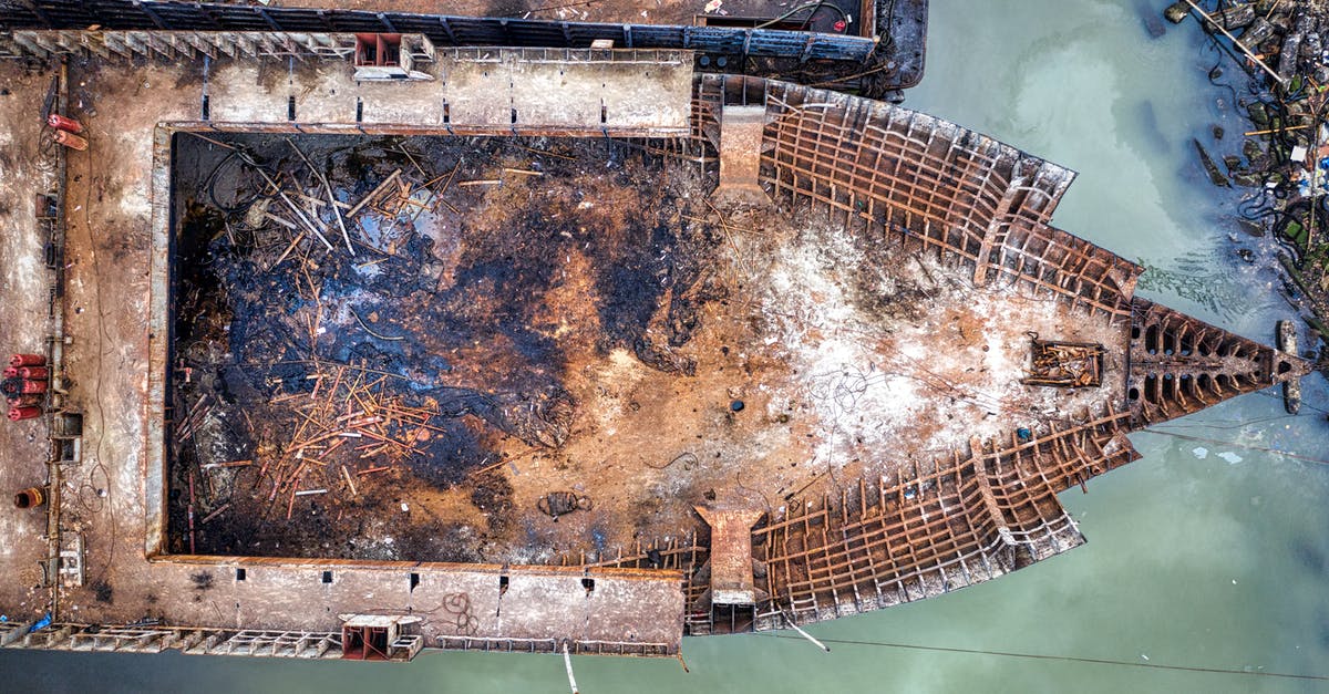 Port fowarding problems - Drone view of old rusty ship floating in polluted water and moored in abandoned dirty port in daylight