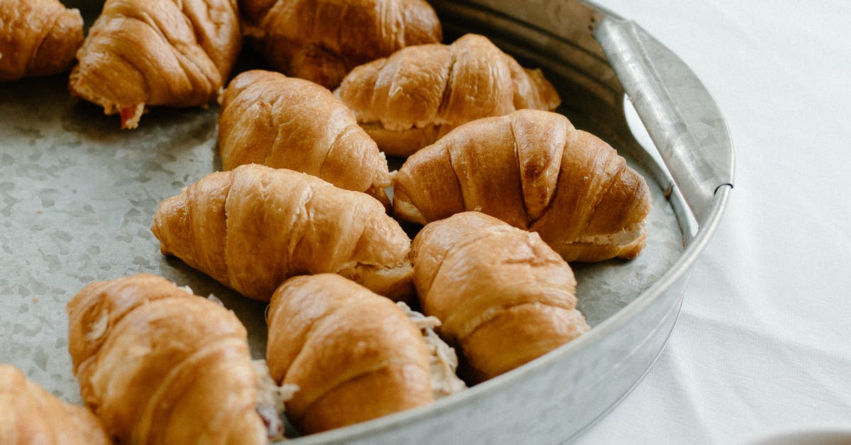 preparing for first reset: how many kittens? - From above of baked croissants in tin tray prepared for dessert and placed on white table