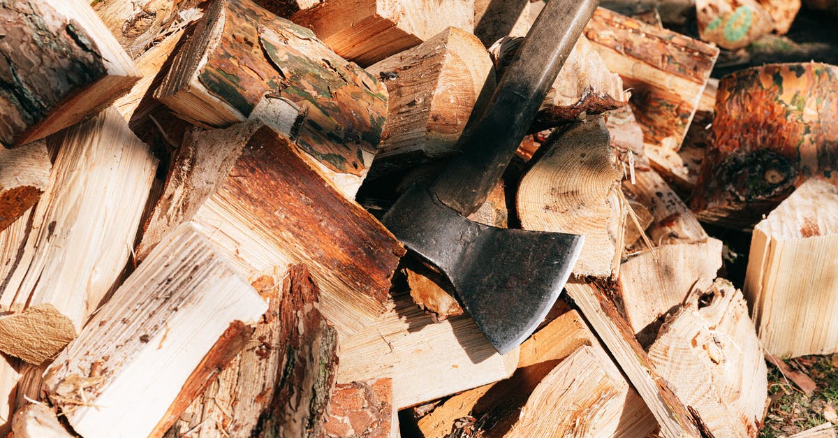 Screen is cut on edges - Old rustic axe with wooden handle and sharp cutting point placed on firewoods in forest on sunny summer day