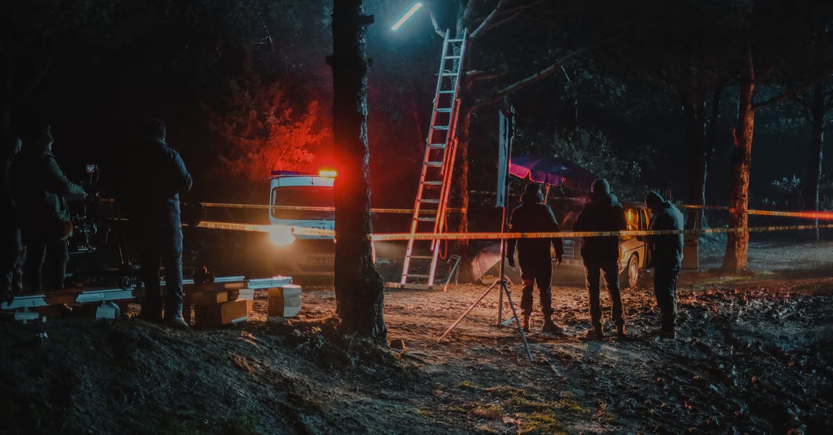 Stop Camera Rotation During Wild Battle - Group of colleagues investigating crime scene fenced with tape among trees at dark night