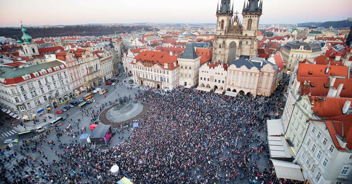 Town Hall - No Gold/Elixir/Dark Elixir Received - Drone view of crowd of people standing on square near gothic aged church and old town hall located in Prague