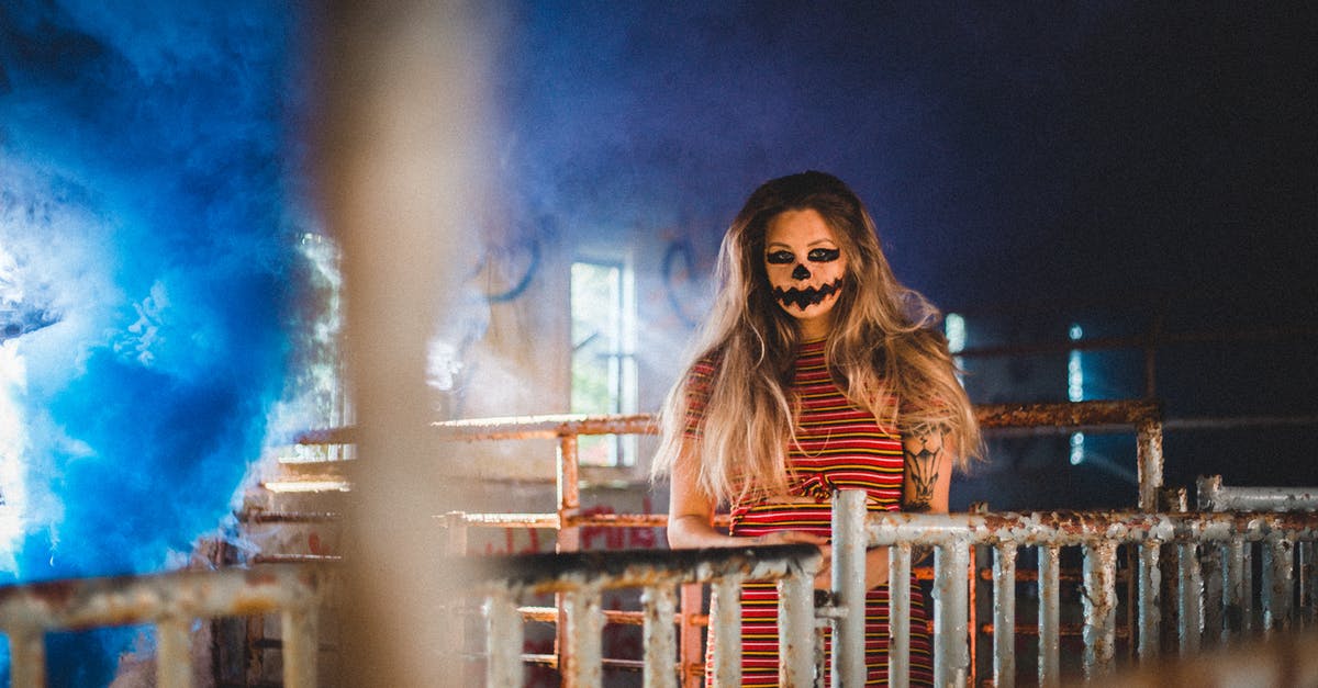 Ways to apply bleed effect? - Woman with scary makeup standing near metal fence