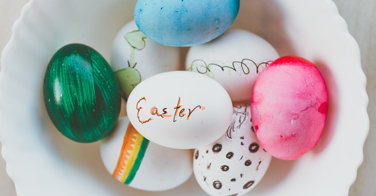 What's the point of paintings? - Top view of assorted multicolored chicken eggs with bright handmade ornament in ceramic bowl for festive religious event at home