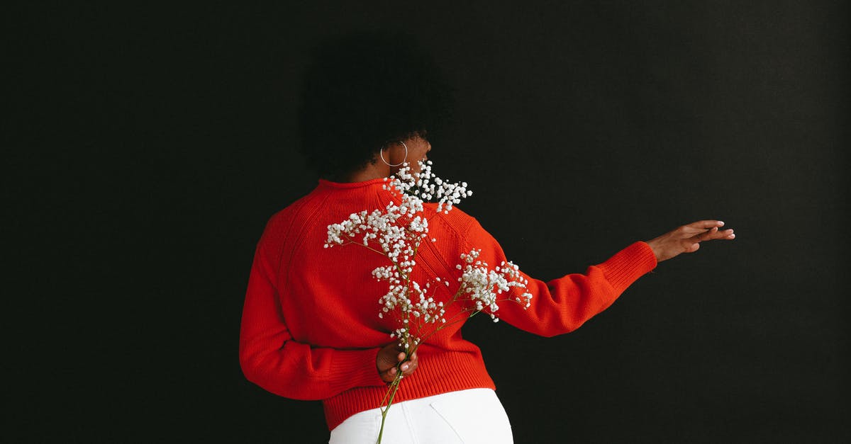 What colour is Pac-Man? - Back view of sensual black woman in white denim and white red sweater holding Gypsophila flower behind back posing on black backdrop