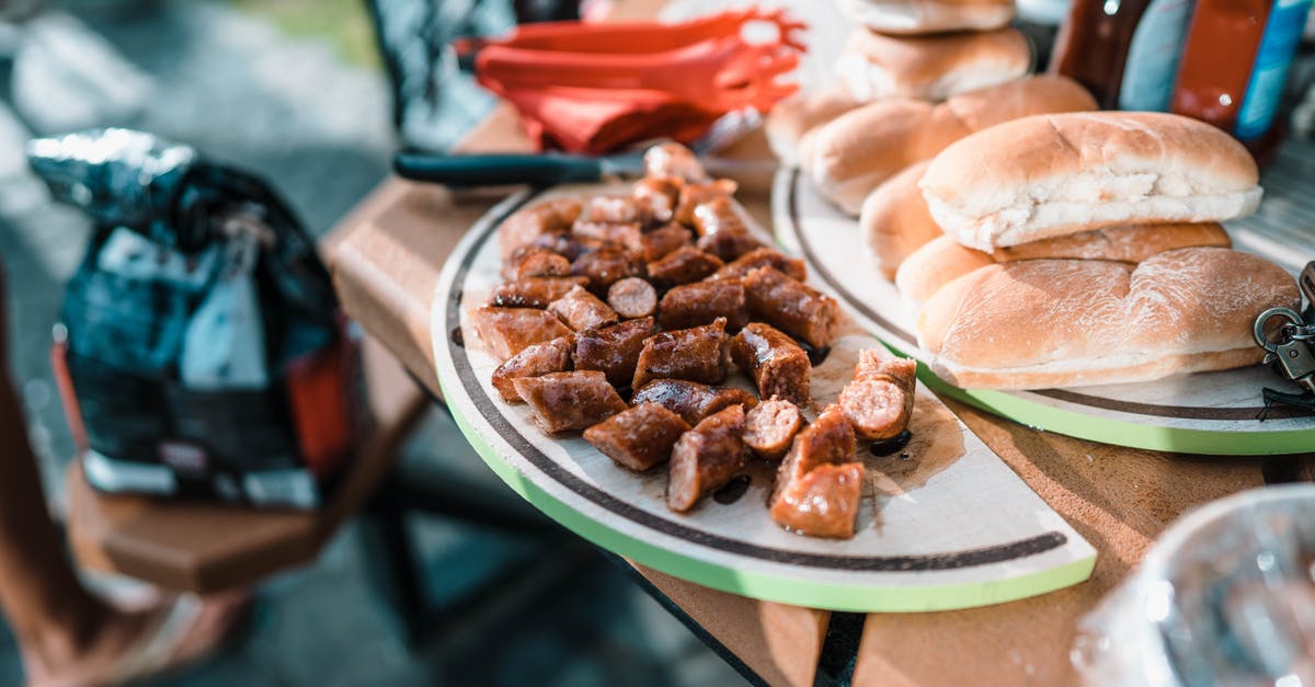 What does tryhard mean exactly? - Appetizing fried meat on plate and package with coal on blurred background of products