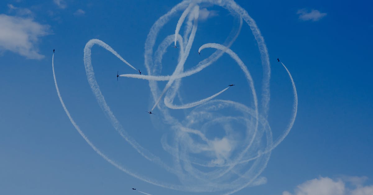 What game is this scene with Tupolev Tu-95 like aircraft from? - From below of air tattoo with airplanes demonstrating acrobatic flight with wavy traces in cloudy sky