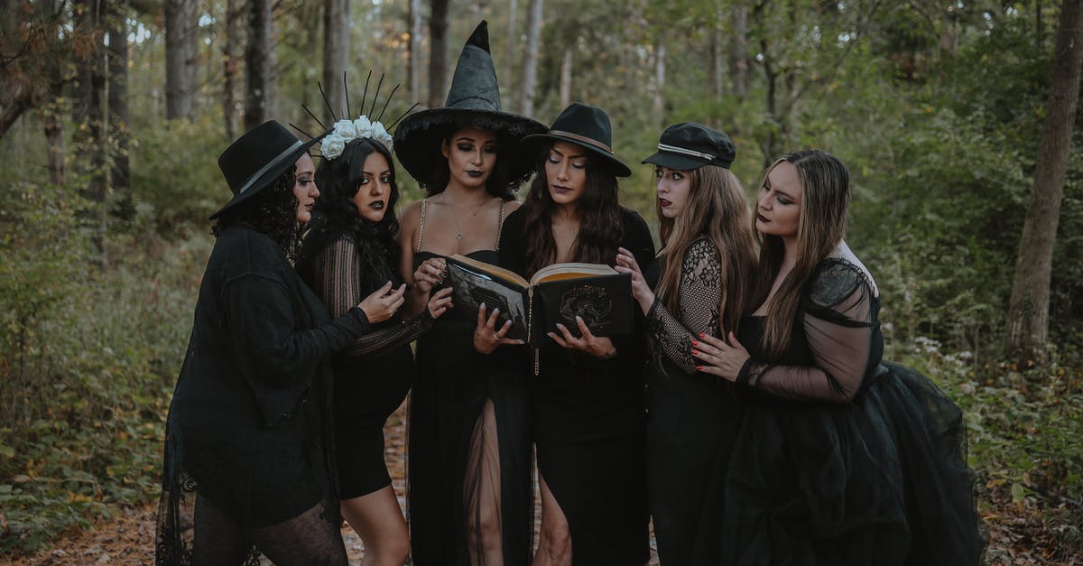 What is this goblin spell that’s been wrecking me? - Group of women dressed as witch coven reading spell book in forest