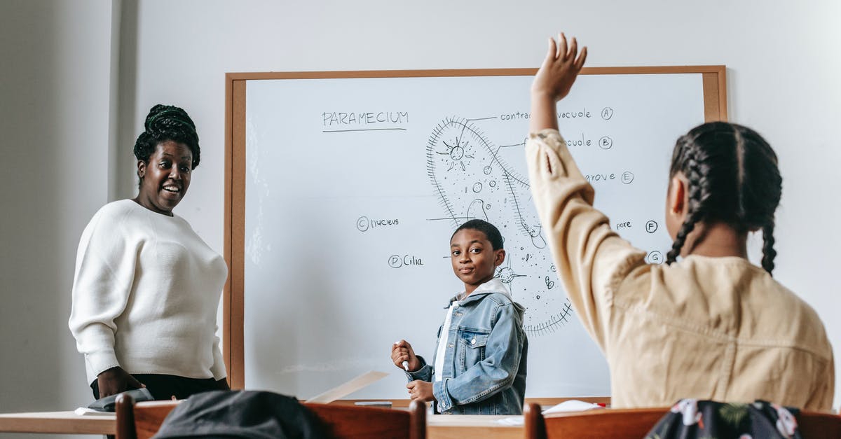 What to answer to obtain each Pokemon? - Ethnic girl raising hand while African American female teacher standing near whiteboard with teen boy and explaining task