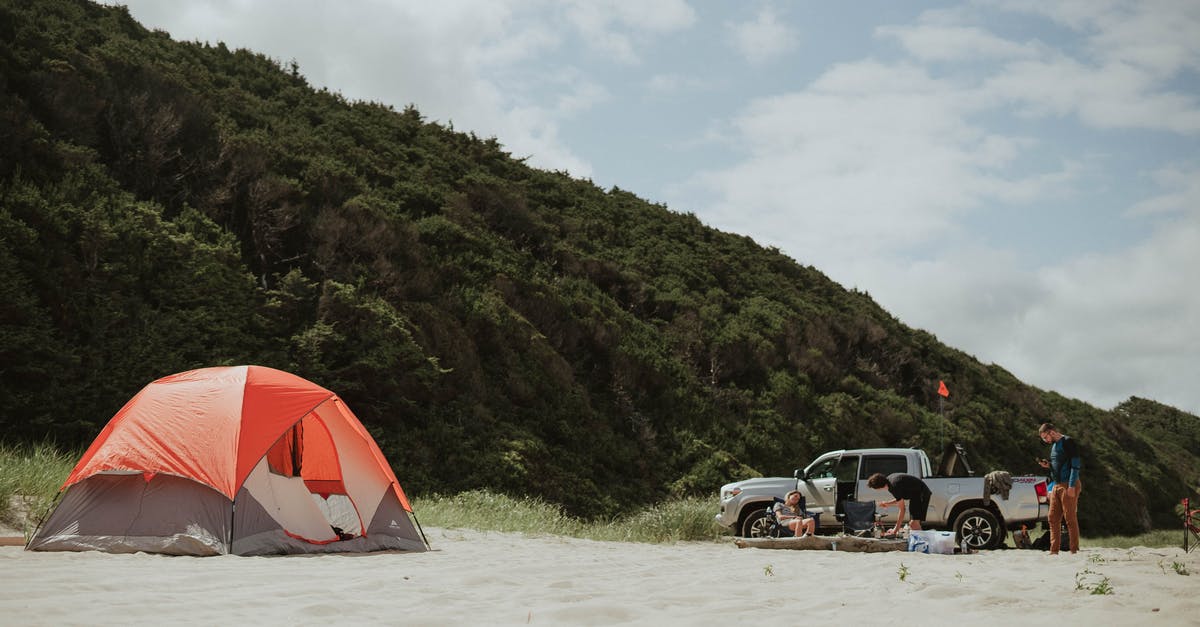 Whats happening to my off shore money? - Travelers with car and tent on sandy beach having wild trip in valley with green hills