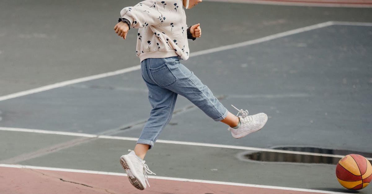 Why does my citizen have no actions available? - Side view of jumping little girl in jeans and jumper kicking colorful ball playing on sports yard