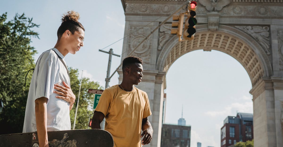 Why does this trick on the Arch-vile work? - Side view of young multiracial male skaters in casual outfits walking along street with skateboards