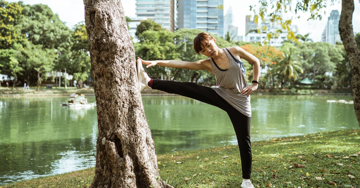 Will it agro the guards to cut down pig city trees? - Full body ethnic flexible female in sportswear looking down while warming up near pond in park